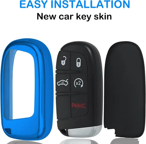 Vista 4 de Kirsnda Funda para llavero Jeep, con llavero compatible con Grand Cherokee Renegade Chrysler 200 300 Dodge Durango Challenger Journey Dart Fiat Azul