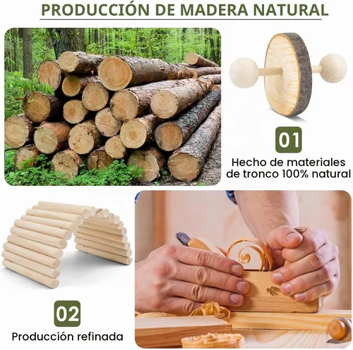 Vista 3 de ERKOON Paquete de 12 juguetes masticables de hámster, rata jerbo, conejillo de indias, chinchilla, accesorios para jaulas, mancuernas de madera