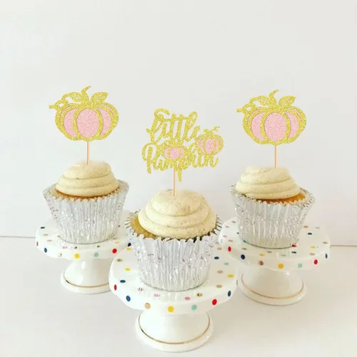 Vista 2 de 24 adornos para cupcakes de calabaza con purpurina, decoraciones de baby shower, tema de cosecha de otoño, suministros para fiestas de cumpleaños
