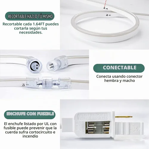 Vista 4 de GZBtech Tiras de luces LED de neón flexibles 100 pies, luz de tira impermeable AC 110-120V, 120 LEDs/M, iluminación de neón cortable y conectable