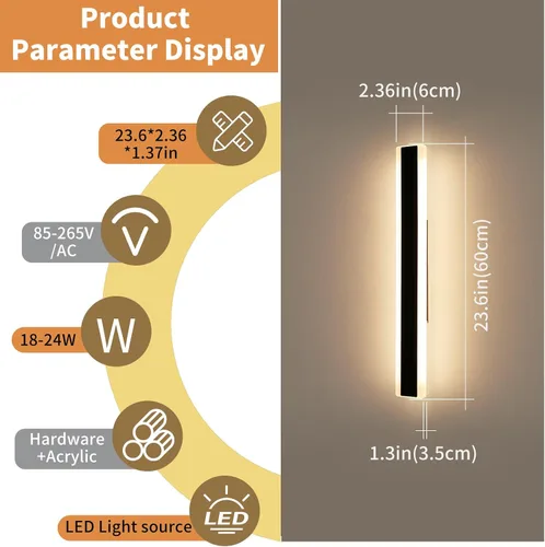 Vista 3 de Luces de Pared Modernas para Exterior de Casa, Apliques de Pared al Aire Libre de 23.6 Pulgadas, 3 Luces Color 3000K/4500K/6000K, Resistente al Agua