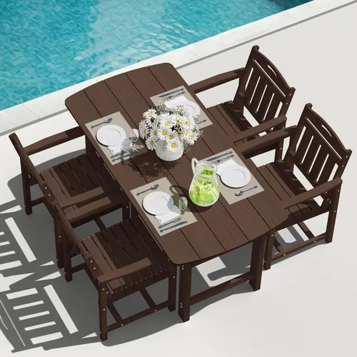 Vista 26 de Mesa de comedor rectangular para exteriores, mesa de polietileno de alta densidad resistente para 6, mesa de patio resistente a la intemperie