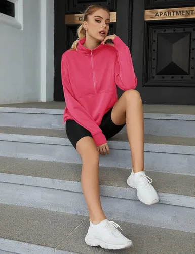 Vista 5 de LOMON Sudaderas para mujer, con forro polar, media cremallera, manga larga, para entrenamiento, con bolsillo y agujero para el pulgar