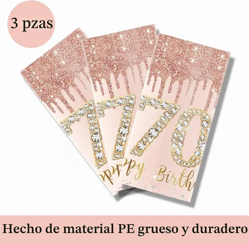 Vista 4 de Pack de 3 manteles de cumpleaños número 70 para mujer, rosado y dorado, mantel de plástico desechable rectangular para fiesta de cumpleaños número