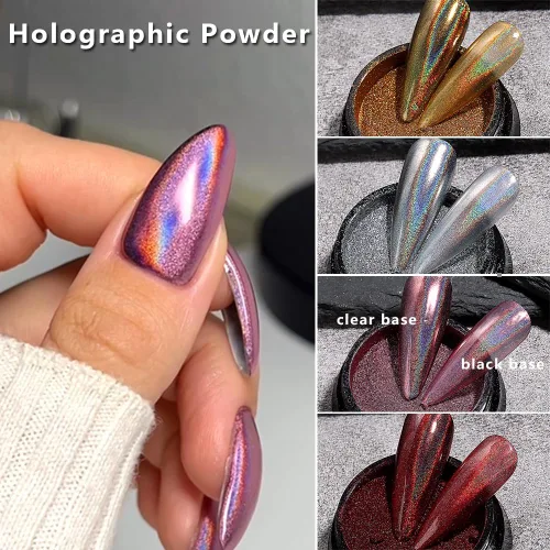 Vista 4 de Juego de polvos de uñas cromados de 16 colores, efecto espejo metálico holográfico Aurora Chameleon, pigmento con purpurina para esmalte de gel