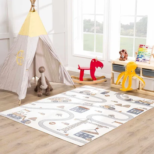 Vista 2 de Hauteloom Olwen - Alfombra lavable a máquina, para habitación de niños, guardería, sala de juegos, carretera, vehículos de construcción, color gris