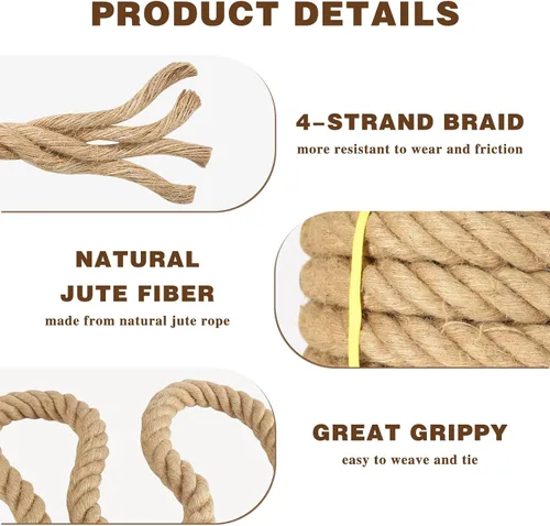 Vista 4 de Cuerda de yute de 1 1/2 pulgadas x 50 pies, cuerda de cáñamo natural gruesa y pesada cuerda náutica trenzada para manualidades, escalada