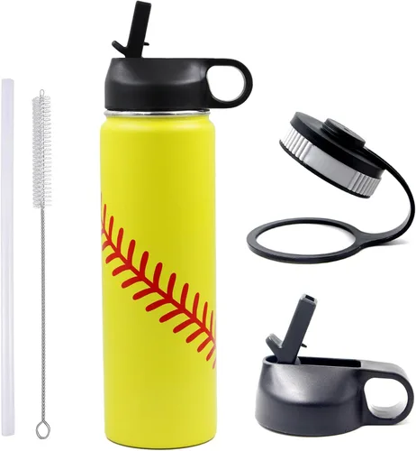 Vista 20 de Botella de agua de béisbol de 18 onzas, botella deportiva de boca ancha, vaso de viaje de metal con 2 tapas, botellas de agua aisladas al vacío