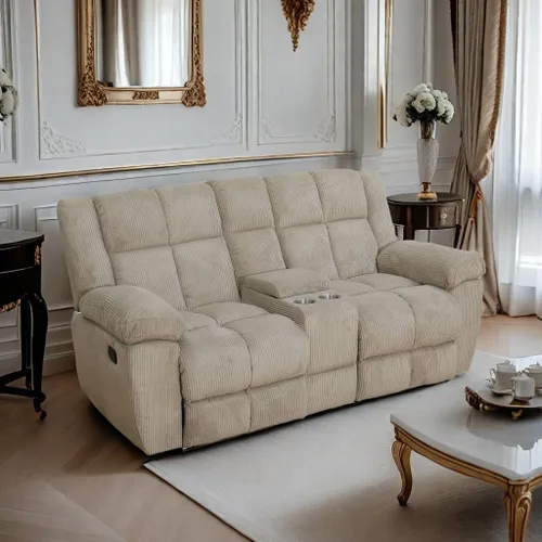 Vista 21 de Juego de sofá reclinable manual de pana extragrande para sala de estar, juego de sofá de pana con mesa desplegable y portavasos para Beige