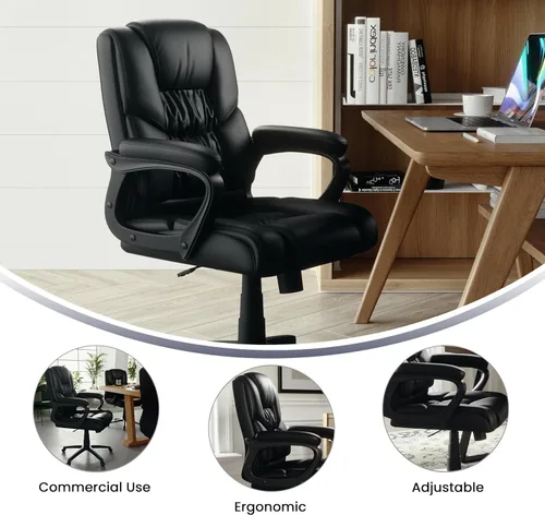 Vista 5 de Flash Furniture Fundamentals - Silla giratoria grande y alta de LeatherSoft para oficina y juegos, silla de oficina ergonómica con reposabrazos Negro