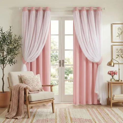 Vista 46 de PONY DANCE Cortinas Opacas con Superposición de Gasa, Cortinas de Doble Capa con Aislamiento Térmico Mix & Match para Oscurecer Habitaciones