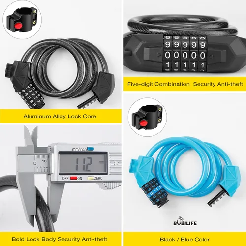 Vista 4 de Candado de bicicleta con soporte de montaje, cable de bicicleta de 4 pies, cable básico autoenrollable de 5 dígitos con combinación reiniciable, Azul