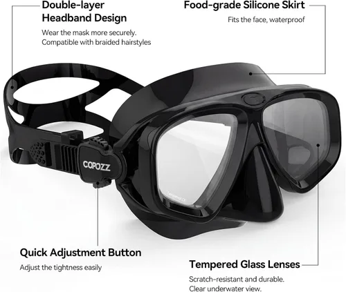 Vista 4 de COPOZZ Máscara de buceo juvenil, bajo volumen, sin empañamiento, esnórquel, buceo, gafas de buceo, máscara de vidrio templado, gafas de buceo sin