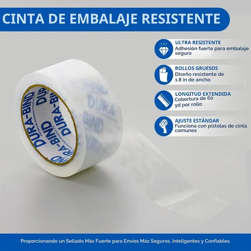 Vista 5 de Durabind - Cinta de embalaje resistente, paquete de 6 rollos de 60 yardas x 2 pulgadas. Cinta transparente resistente para envíos, embalaje