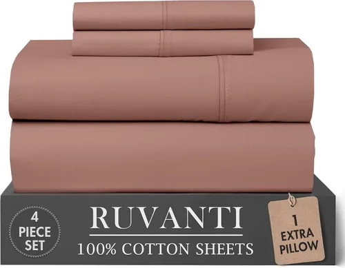 Vista 15 de RUVANTI Juego de sábanas de 4 piezas de algodón 100% natural de percal suave, ligero y transpirable, con bolsillos profundos de 16 pulgadas