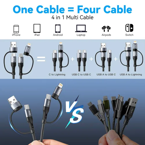 Vista 3 de Cable Lightning en espiral [2 unidades de 4 pies] Cable de carga múltiple 4 en 1 de 60 W, cable de carga rápida retráctil para iPhone