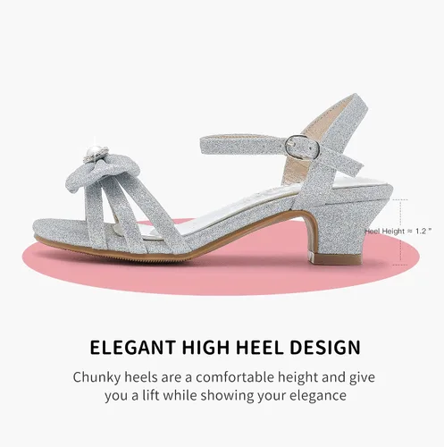 Vista 5 de Sandalias para niñas, zapatos de vestir para fiesta de boda, puntera abierta, tacones altos con purpurina para niños pequeños y grandes