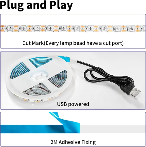 Vista 4 de iNextStation Tira de Luz LED UV Negra USB, 2M/6.6 pies 5V SMD5050 LEDs 395nm-405nm Tira de Luz Negra para Fluorescente, Curación de Impresión 3D