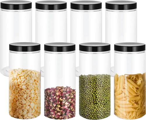 Vista 7 de Lawei Paquete de 12 tarros de plástico con tapas, tarros de almacenamiento transparentes de 16 onzas con tapas de rosca negras, recipientes redondos