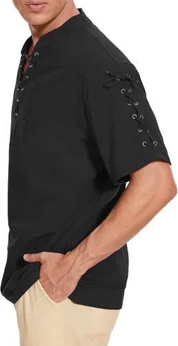 Vista 3 de Camisa pirata para hombre renacentista medieval retro steampunk gótico vikingo con cordones camiseta Ren Faire disfraz de Halloween