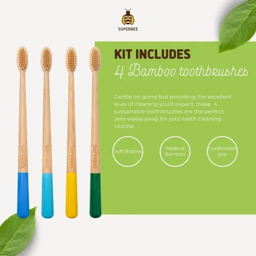 Vista 3 de SuperBee Kit familiar con pastillas de pasta de dientes Dentos, 300 pestañas, hilo natural, cerdas suaves, cepillos de dientes de bambú, sin flúor