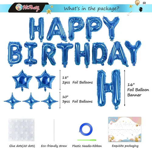 Vista 3 de [Usado] HiParty 23 piezas de guirnalda de globos de cumpleaños, guirnalda de letras 3D azul de mylar de aluminio ecológico premium con 5 piezas