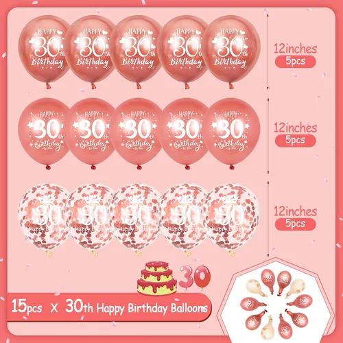 Vista 4 de Globos de látex de cumpleaños número 30, 15 globos de oro rosa con el texto en inglés "Happy 30th Birthday", globos de decoración de fiesta