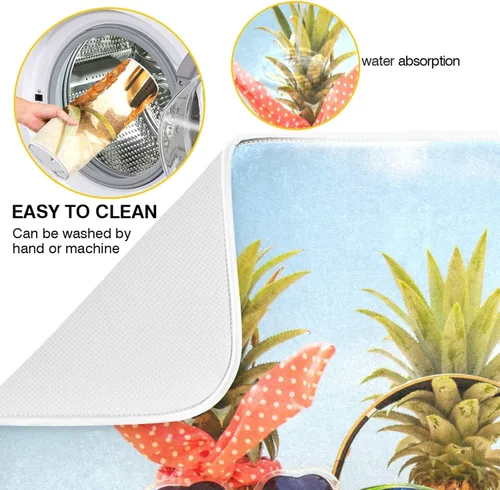 Vista 4 de Tapete de secado de platos de piña de verano divertido para decoración de fregadero de cocina, 16 x 18 pulgadas, tapete escurridor de platos junto