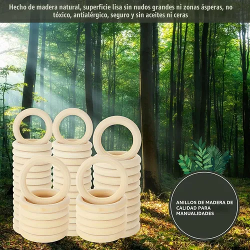 Vista 3 de 100 anillos de madera para manualidades de 2.2 pulgadas/2.165 in, anillos de madera maciza natural sin terminar, círculos de madera lisa