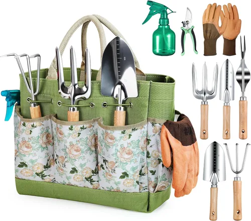 Vista 11 de Grenebo Herramientas de jardinería 9 piezas de herramientas de mano de jardín resistentes con herramientas de jardín de moda y duradera, bolsa