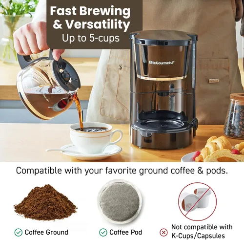 Vista 5 de Elite Gourmet EHC-5055 Cafetera automática de 5 tazas de preparación y goteo con filtro reutilizable Pause N Serve, interruptor