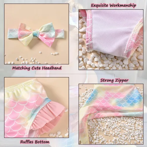 Vista 4 de Traje de baño de sirena para bebé niña, conjunto de bikini con diadema
