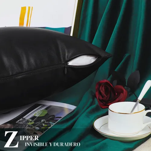 Vista 6 de BRAWARM Fundas de almohada de cuero sintético de 16 x 16 pulgadas - Juego de 2 fundas de almohada de cuero negro, fundas de almohada de cuero teñido