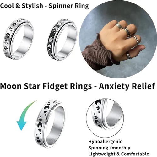 Vista 3 de Tatibana Anillo de ansiedad para mujeres y hombres, 6 anillos plateados de acero inoxidable antiansiedad con cuentas, anillo giratorio para aliviar
