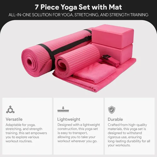 Vista 2 de BalanceFrom 7-Piece Yoga Set with 71x24x0.5 Inches Extra Thick Mat and Carrying Sling – Includes 2 Blocks, Stretch Strap, 2 Towels, and Knee Pad for