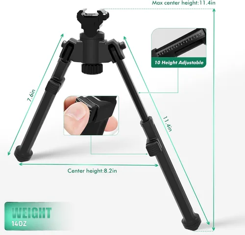 Vista 2 de Bípodes de rifle para caza y disparo con giro de 360° y bípode de pistola de 10 alturas ajustables para rifles