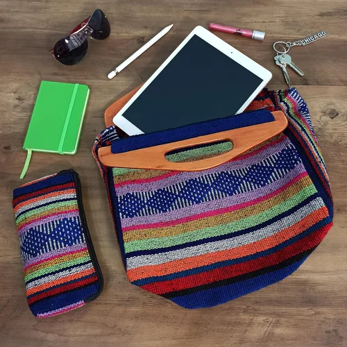 Vista 6 de MEXICANDOO Set of Authentic Mexican Handcrafted Woven Handbag with Wooden Handles and Matching Clutch Bag for Women or Girls