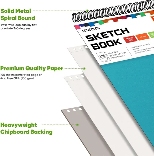Vista 3 de Soucolor Suministros Escolares Cuaderno de bocetos de 9 x 12 pulgadas para profesor y estudiante de secundaria, paquete de 1 cuaderno de bocetos