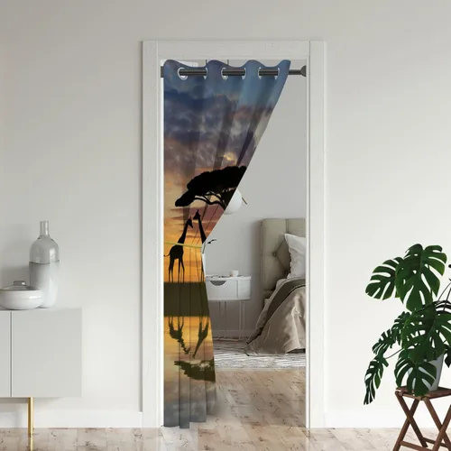 Vista 2 de Cortinas de puerta de África para puertas, anochecer paisajes naturales, árboles, temporadas, horizonte, jirafas, cortina opaca para armario