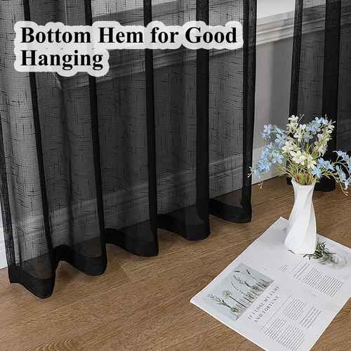 Vista 5 de Cortinas plisadas negras traslúcidas de 84 pulgadas de largo, 2 paneles para dormitorio, lino texturizado, ganchos transparentes para pista