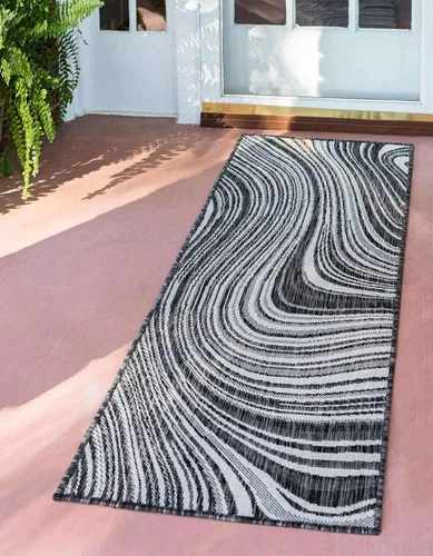 Vista 23 de Unique Loom colección moderna para exteriores - Alfombra de área para piscina (2 pies x 6 pies 1 pulgada alfombra de pasillo, color azul/marfil)