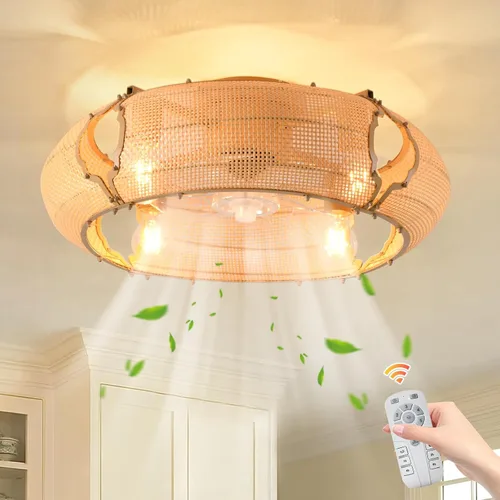 Vista 13 de Ganeed Ventilador de techo bohemio de 20 pulgadas con luz, ventilador de techo enjaulado de ratán tejido a mano con luz y control remoto, ventilador
