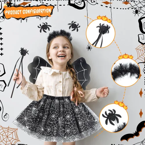 Vista 5 de Halloween Bat Costume Set for Kids, Tutu Skirt for Girls with Headband and Wand Bat Wings Halloween Party Dress up Kit