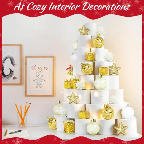 Vista 5 de TranquilBliss Adornos de Navidad, 38 unidades, bolas de plástico doradas inastillables para árbol