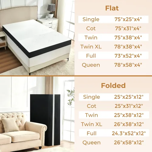 Vista 7 de Colchón Tríptico de 4 Pulgadas, Colchón de Espuma Viscoelástica Plegable Tamaño Individual con Cubierta Lavable de Viscosa Derivada de Bambú, Topper