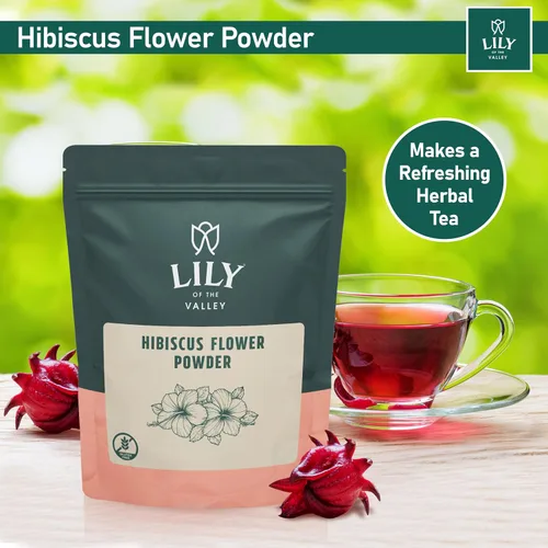 Vista 5 de Lily of the Valley Polvo de flor de hibisco – Hibiscus Sabdariffa molido – Ideal para cocinar, hornear, té, batido – Vegano y sin gluten – Bolsa