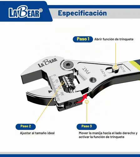 Vista 3 de LABEAR - Llave de trinquete ajustable de 8 pulgadas, mordaza de 0.984 in, acero CR-V Selector de encendido/apagado, escala láser, agarre