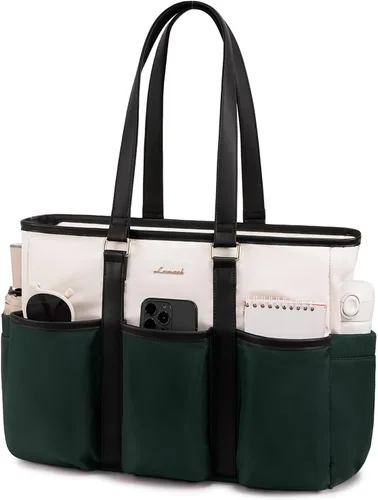 Vista 23 de LOVEVOOK bolso tote vintage para laptop para mujer, Beige-Negro, 15,6 pulg., Moda
