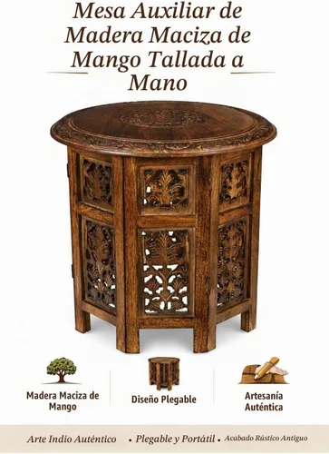 Vista 6 de Goroly Home - Mesa auxiliar octogonal plegable de madera de mango maciza, acento rústico de granja para sala de estar, dormitorio, entrada, espacios