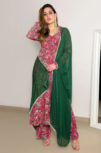 Vista 3 de Janasya Kurta con estampado floral digital de Georgette rosa indio para mujer con Palazzo y Dupatta